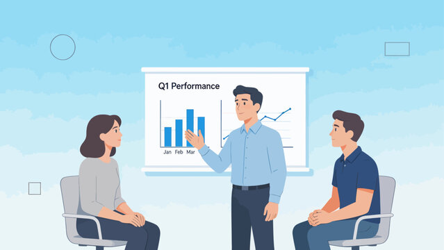 Business meeting with performance chart