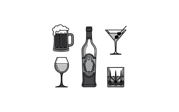Assortment of alcoholic beverages, beer, wine, spirit, cocktail, and glass.