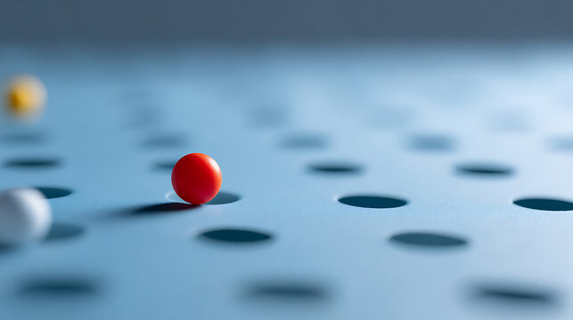 Vibrant Red Sphere Navigates a Textured Blue Surface with Numerous Dark Holes, Representing Strategic Movement, Problem Solve, and Unique Path