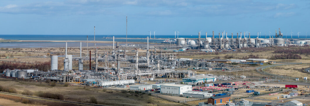 Oil Refinery near Middlesbrough and Hartlepool in the north east of England. Aerial view of the oil refinery and surrounding countryside and sea. 