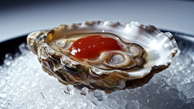 A raw oyster with a dollop of red sauce, served on ice in a shell