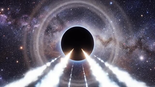 Wormhole in space with cosmic swirling motion and starfield background