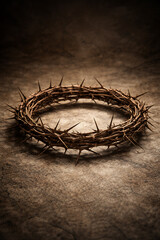 Fototapeta premium A realistic close up of a crown of thorns lying on a textured stone floor to represent the suffering of jesus christ for good friday