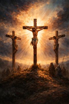A dramatic religious painting of the crucifixion scene showing jesus christ on the middle cross with followers gathered below to observe a holy good friday
