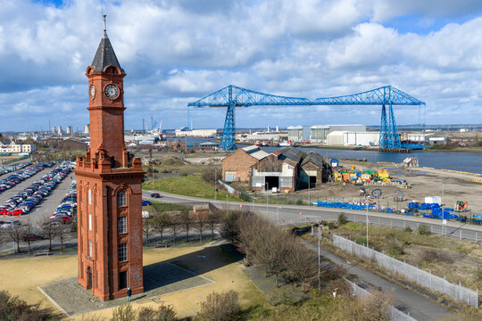Middlesbrough transport Bridge and river Tees including the port of Tees. Aerial view of the blue landmark bridge in the north east of the United Kingdom