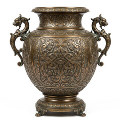 Vintage bronze ornate vase with dragon handles and floral baroque relief carving