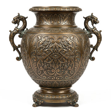 Vintage bronze ornate vase with dragon handles and floral baroque relief carving
