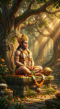 Peaceful monkey god meditating under big green forest tree perfect for celebrating hindu festival hanuman jayanti and reciting holy hanuman chalisa during sacred hanuman puja