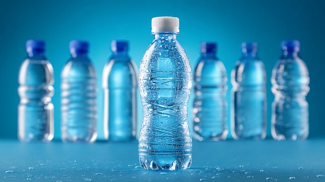 A row of clear plastic water bottles with blue caps on a blue background