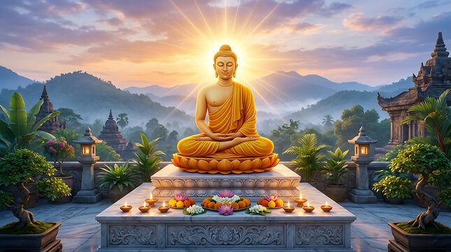 Golden buddha statue on a terrace with oil lamps for mahavir jayanti festival and spiritual buddha purnima celebration with beautiful sunset and mountain landscape view