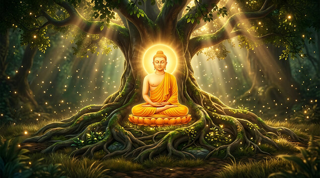 Meditating lord buddha under a sacred bodhi tree for mahavir jayanti spiritual background and holy buddha purnima festival with glowing light and forest magic vibes