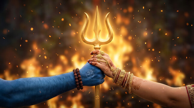 Sacred bond of mahadev and goddess parvati holding golden trishula over fire for maha shivratri and maha shomvar festival representing divine power and spiritual union