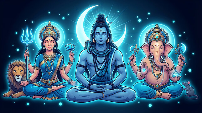 Divine family of mahadev goddess parvati and lord ganesha for maha shivratri and maha shomvar glowing blue illustration of spiritual blessing and traditional hindu deity