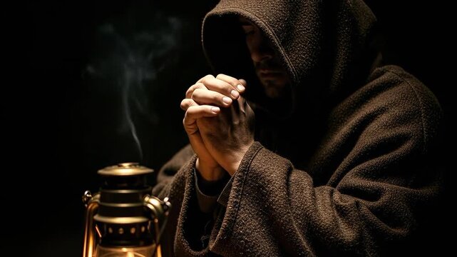 Adult Male Monk in Brown Hooded Robe Praying by Lantern Light During a Medieval Monastic Vigil