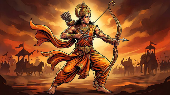 Lord rama aiming arrow in battle field for rama puja and ram navami and dussehra festival representing the epic ramayana victory against the demon king