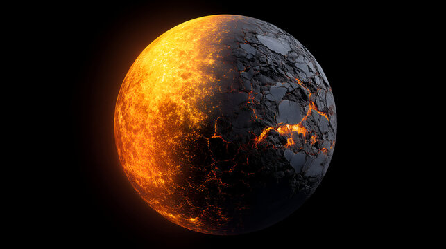Tidally locked lava exoplanet with one glowing hemisphere in space