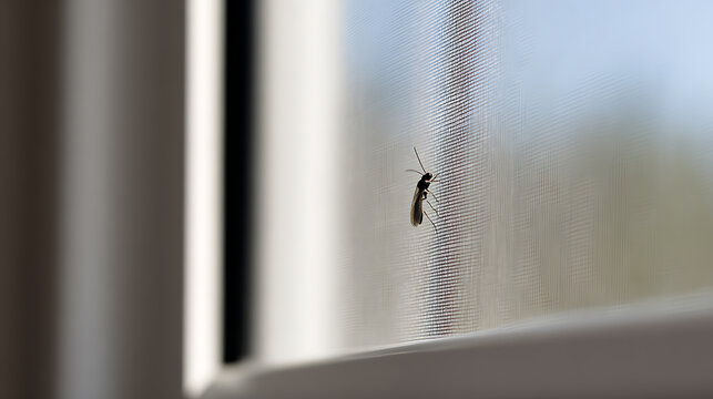Close-up of a small insect, possibly a mosquito or midge, perched on an outdoor window screen with soft natural light bokeh in background