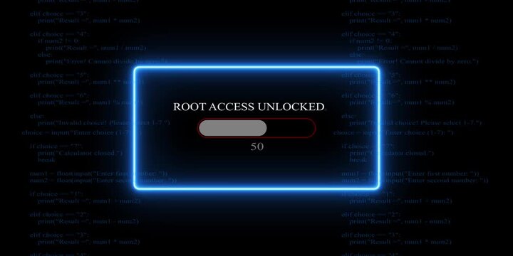 White glowing progress bar shows 100% percent of Root Access Unlocked on background of computer code programming. 4k video