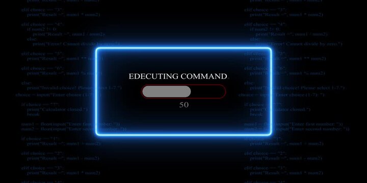 White glowing progress bar shows 100% percent of Edecuting Command on background of computer code programming. 4k video