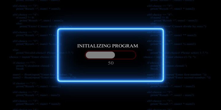 White glowing progress bar shows 100% percent of initializing program on background of computer code programming. 4k video