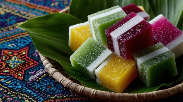 indonesian street food, a vibrant market displaying colorful indonesian kue lapis agar-agar jelly squares on a platter