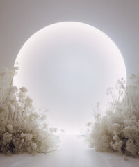 White flower arch digital backdrop. Floral fine art backgrounds. White room with arch. Maternity backgrounds. Backlit floral arch studio backdrops