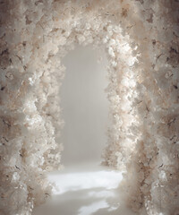 White flower arch digital backdrop. Floral fine art backgrounds. White room with arch. Maternity backgrounds. Backlit floral arch studio backdrops