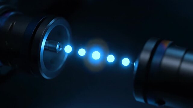 Blue energy particles travel between two futuristic metallic devices. This abstract concept visualizes advanced technology and scientific breakthroughs.