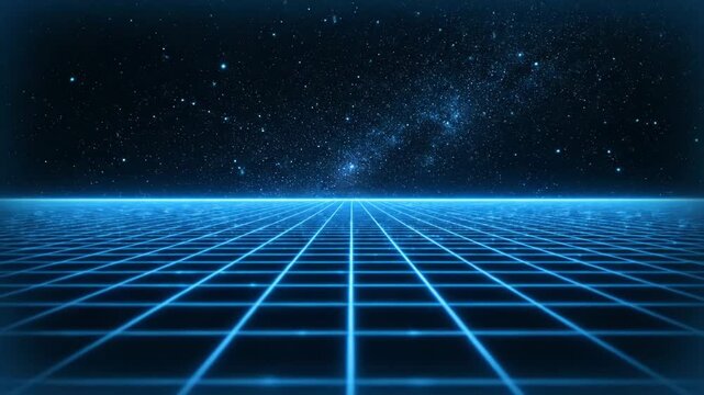 Digital grid stretches to the stars in a vast cosmic expanse.  Futuristic landscape evokes a sense of infinite digital space.