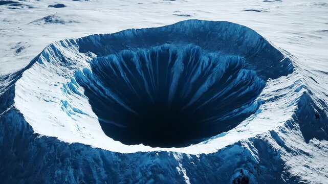 A vast, icy crater dominates the desolate, frozen landscape. Deep shadows fill the abyss of this frozen world.