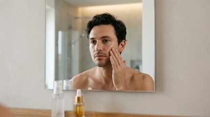 Obraz premium A shirtless young man applies skincare cream to his face while looking in a bathroom mirror, male grooming, self care, morning beauty routine.