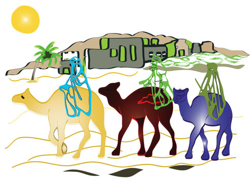 Traditional Bedouin Caravan with Camels in the Desert