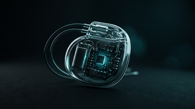 Close-up of a transparent medical pacemaker device with visible inner circuitry and wires, placed on a dark surface with dramatic lighting.