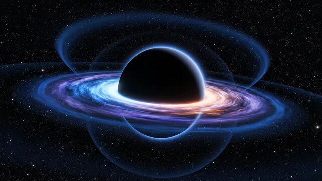 A black hole pulls in cosmic dust and gas. Swirling accretion disk glows with intense light.