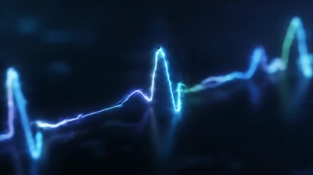 A vibrant neon pulse line moves across a dark background. This abstract visualization represents data flow and energy.
