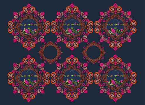 Decorative veins gathered in a decorative frame with a handful of flowers at its center