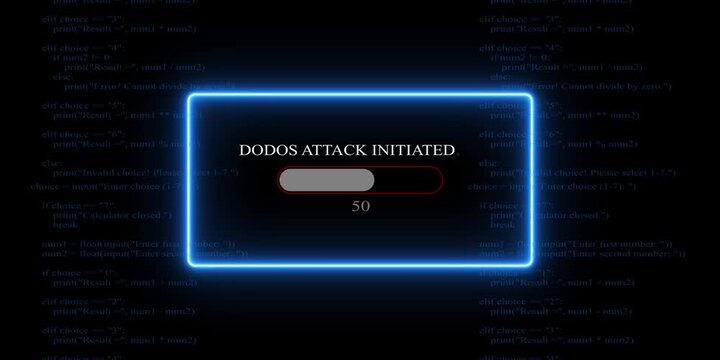 White glowing progress bar shows 100% percent of Dodos Attack Initiated on background of computer code programming. 4k video