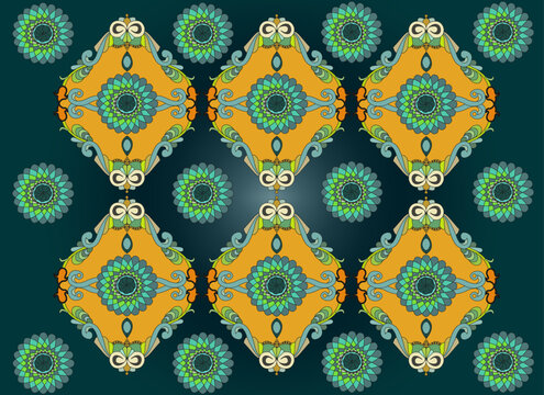 Textile print motifs in orange and petrol blue with inward curved veining