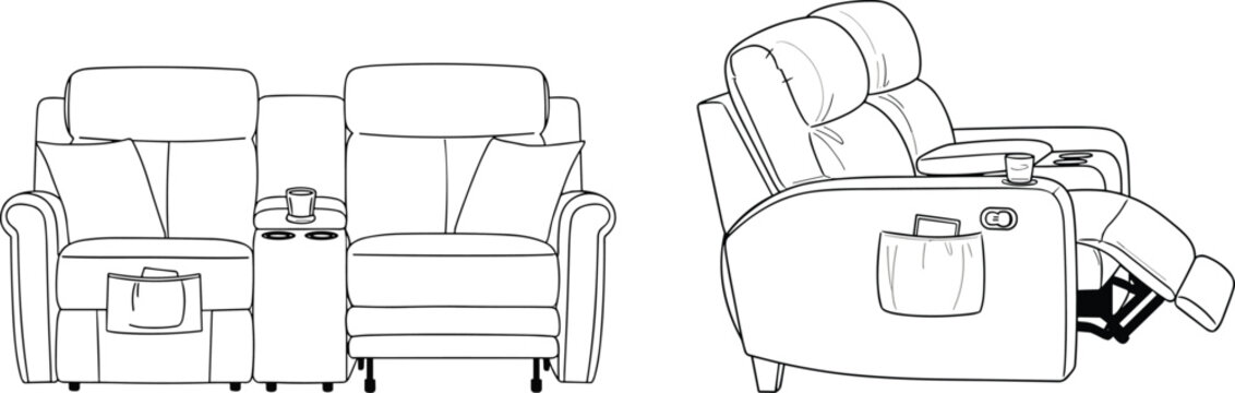 Black and white line art vector illustration showing front and side view profiles of a modern home theater recliner sofa with cup holders