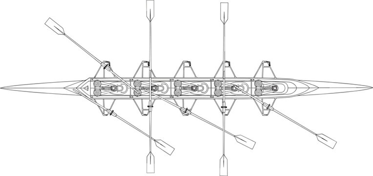Top view black and white line art vector illustration of a professional rowing shell boat with oars for water sports competition and teamwork concepts