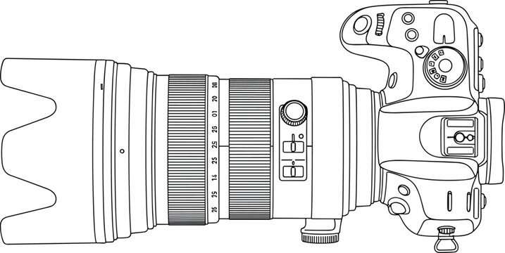 Top view black and white line art vector illustration of a professional digital SLR camera with a large telephoto zoom lens and hood