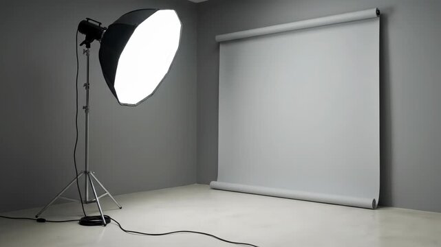 A modern photo studio setup with a professional light and grey backdrop. Ideal for product photography or portrait sessions in a minimalist setting.