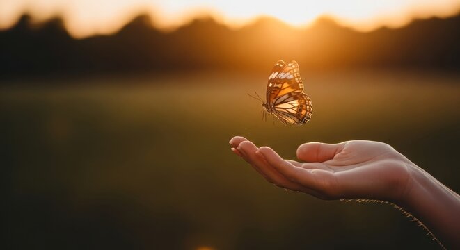 Butterfly gently landing on open hand at sunset in nature