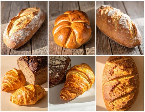 collage of 6 photos with different types of bread AI generated
