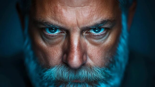 Intense gaze of wise elderly man with striking blue eyes and glowing white beard against dark, enigmatic backdrop.