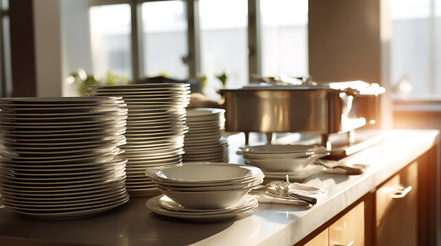 Clean stacks of white plates and bowls on a buffet counter with a chafing dish, bathed in soft, warm natural light, ready for service