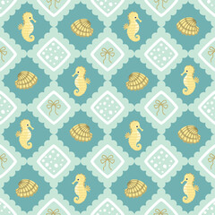Marine seamless pattern with cartoon seahorse and shells. Mosaic geometric background with rombus shapes, bows, dots. Blue, white and beige colors. Vector print on fabric and paper. Endless wallpaper. © Alla