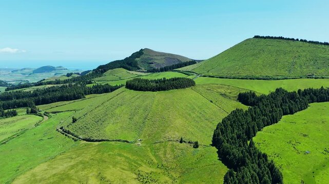 Small crater lagoon bordered by uniform forest circle in central highlands of Sao Miguel Island, Azores. Aerial drone video