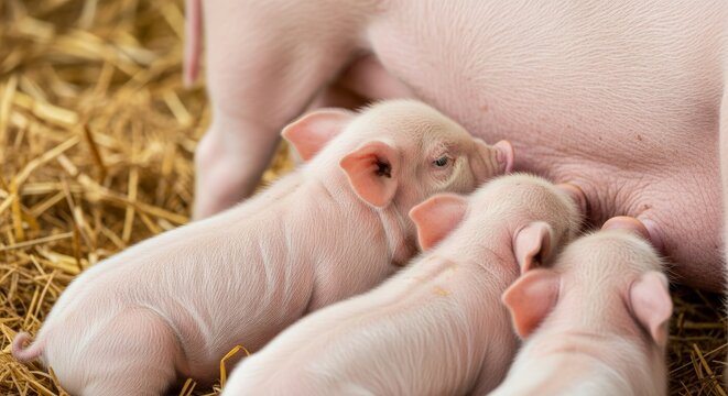 Piglets nursing from sow in barn filled with hay