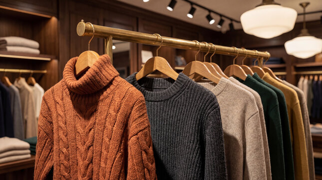 Row of Warm Knit Sweaters on Hangers in a Sophisticated Clothing Store Interior Display